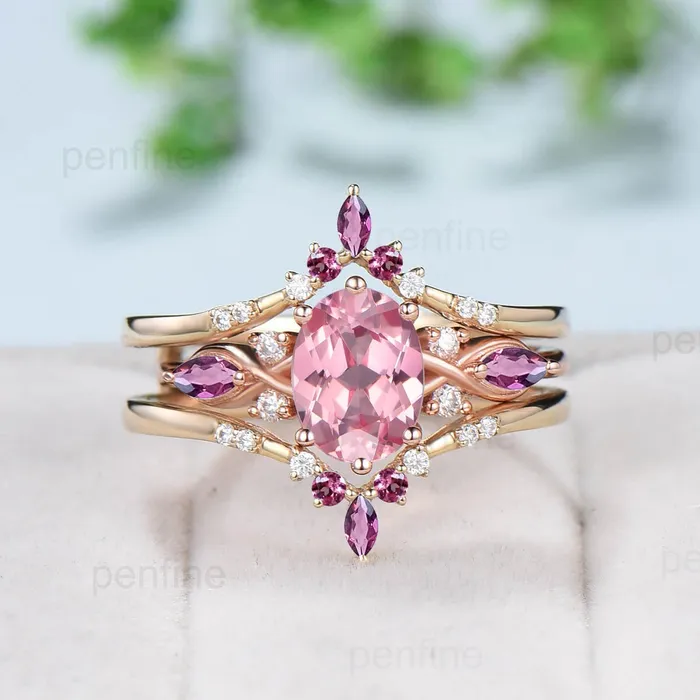 PENFINE 15CT Oval Papalacha Sapphire Engagement Ring Set Vintage Pink Tourmaline Wedding Ring Set Double Curved Stacking Matching Band Bridal Set Rings PENFINE 15CT Oval Papalacha Sapphire Engagement Ring Set Vintage Pink Tourmaline Wedding Ring Set Double Curved Stacking Matching Band Bridal Set Rings