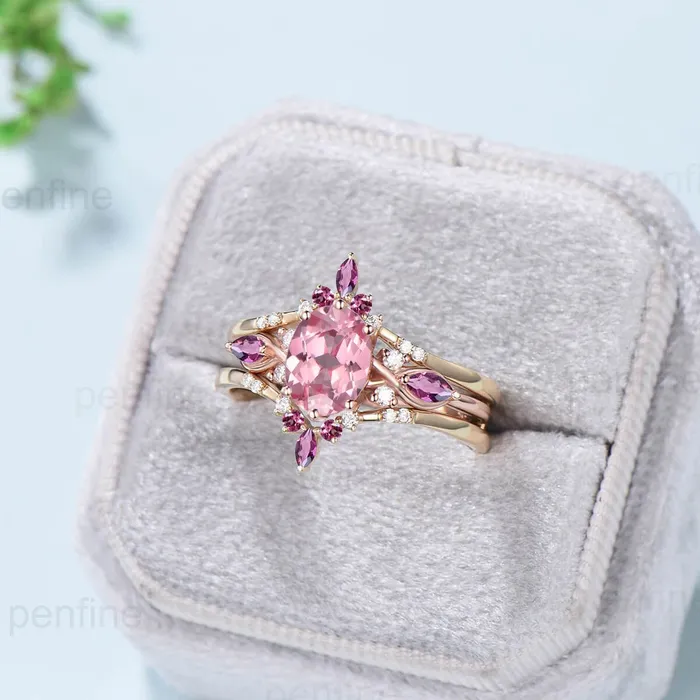 PENFINE 15CT Oval Papalacha Sapphire Engagement Ring Set Vintage Pink Tourmaline Wedding Ring Set Double Curved Stacking Matching Band Bridal Set Rings PENFINE 15CT Oval Papalacha Sapphire Engagement Ring Set Vintage Pink Tourmaline Wedding Ring Set Double Curved Stacking Matching Band Bridal Set Rings