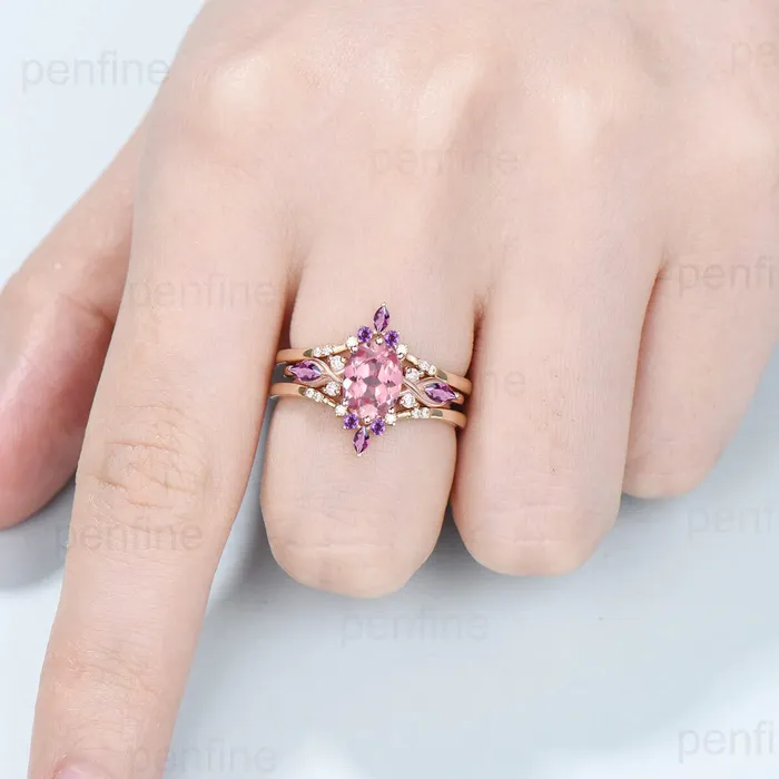 PENFINE 15CT Oval Papalacha Sapphire Engagement Ring Set Vintage Pink Tourmaline Wedding Ring Set Double Curved Stacking Matching Band Bridal Set Rings PENFINE 15CT Oval Papalacha Sapphire Engagement Ring Set Vintage Pink Tourmaline Wedding Ring Set Double Curved Stacking Matching Band Bridal Set Rings