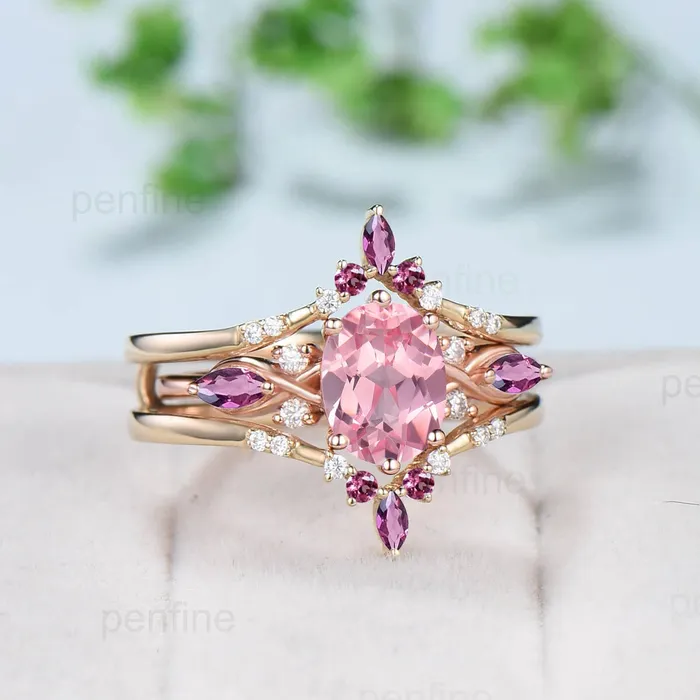 PENFINE 15CT Oval Papalacha Sapphire Engagement Ring Set Vintage Pink Tourmaline Wedding Ring Set Double Curved Stacking Matching Band Bridal Set Rings PENFINE 15CT Oval Papalacha Sapphire Engagement Ring Set Vintage Pink Tourmaline Wedding Ring Set Double Curved Stacking Matching Band Bridal Set Rings