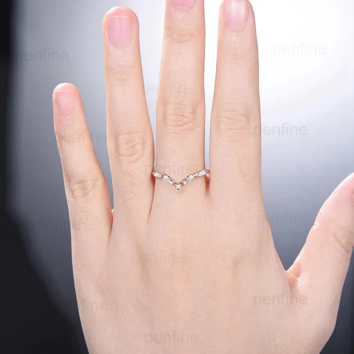PENFINE Rings Unique Opal Wedding Band rose gold Melon seeds fire opal wedding ring Art Deco Baguette Opal Stacking matching band jewelry gift for women PENFINE Rings Unique Opal Wedding Band rose gold Melon seeds fire opal wedding ring Art Deco Baguette Opal Stacking matching band jewelry gift for women