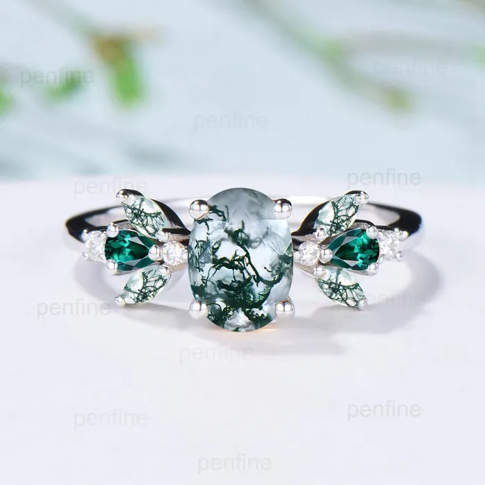 PENFINE Rings Unique Oval Moss Agate Engagement Rings MultiStone Rings Marquise Cut Aquatic Agate Wedding Ring Emerald Anniversary Ring Vintage Jewelry PENFINE Rings Unique Oval Moss Agate Engagement Rings MultiStone Rings Marquise Cut Aquatic Agate Wedding Ring Emerald Anniversary Ring Vintage Jewelry