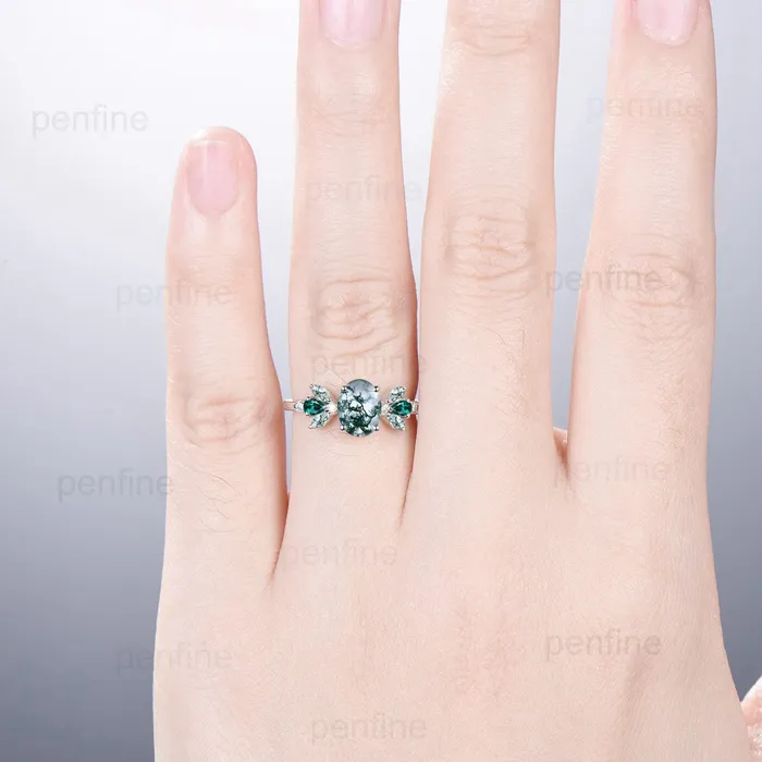 PENFINE Rings Unique Oval Moss Agate Engagement Rings MultiStone Rings Marquise Cut Aquatic Agate Wedding Ring Emerald Anniversary Ring Vintage Jewelry PENFINE Rings Unique Oval Moss Agate Engagement Rings MultiStone Rings Marquise Cut Aquatic Agate Wedding Ring Emerald Anniversary Ring Vintage Jewelry
