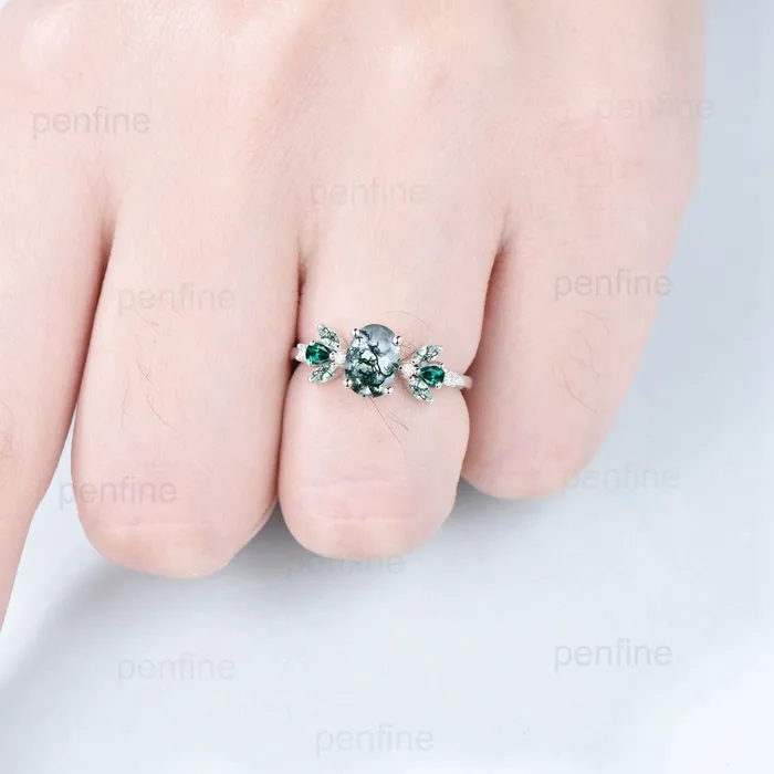 PENFINE Rings Unique Oval Moss Agate Engagement Rings MultiStone Rings Marquise Cut Aquatic Agate Wedding Ring Emerald Anniversary Ring Vintage Jewelry PENFINE Rings Unique Oval Moss Agate Engagement Rings MultiStone Rings Marquise Cut Aquatic Agate Wedding Ring Emerald Anniversary Ring Vintage Jewelry