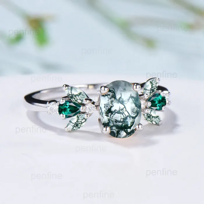 PENFINE Rings Unique Oval Moss Agate Engagement Rings MultiStone Rings Marquise Cut Aquatic Agate Wedding Ring Emerald Anniversary Ring Vintage Jewelry PENFINE Rings Unique Oval Moss Agate Engagement Rings MultiStone Rings Marquise Cut Aquatic Agate Wedding Ring Emerald Anniversary Ring Vintage Jewelry