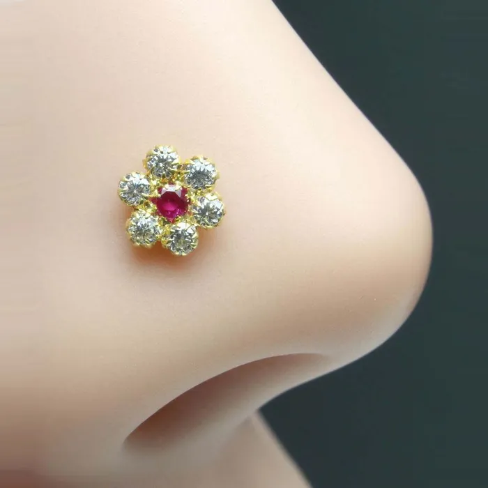 Real Gold Nose Stud Solid 14K Gold Pink White CZ Piercing Push Pin Nose stud 18g Karizma Jewels Earrings Real Gold Nose Stud Solid 14K Gold Pink White CZ Piercing Push Pin Nose stud 18g Karizma Jewels Earrings