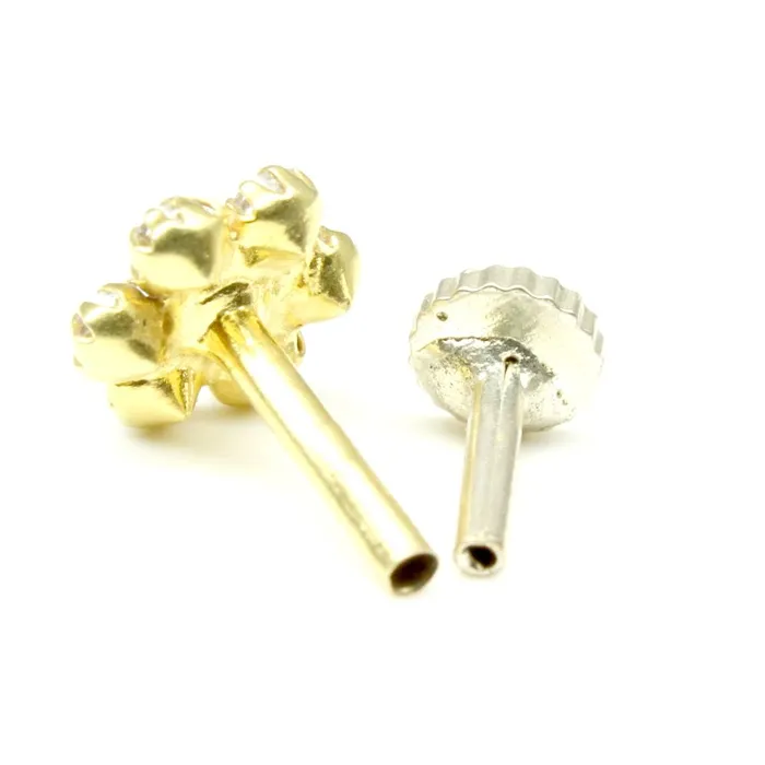 Real Gold Nose Stud Solid 14K Gold Pink White CZ Piercing Push Pin Nose stud 18g Karizma Jewels Earrings