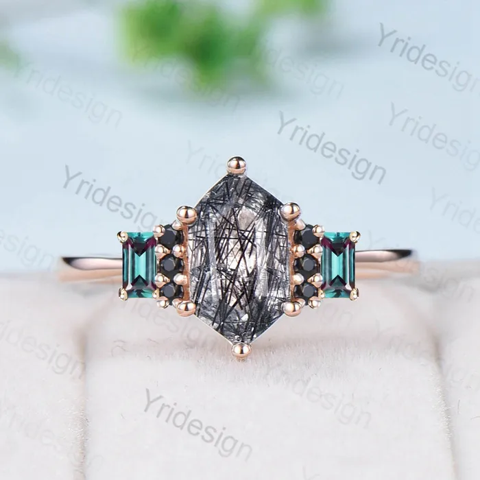 Vintage Long Hexagon Black Rutilated Quartz Engagement Ring Black Gemstone Baguette Alexandrite Cluster Ring Unique Wedding Bridal Gift PENFINE Rings Vintage Long Hexagon Black Rutilated Quartz Engagement Ring Black Gemstone Baguette Alexandrite Cluster Ring Unique Wedding Bridal Gift PENFINE Rings