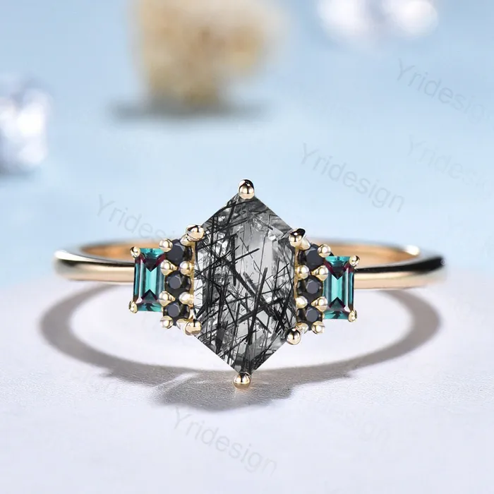 Vintage Long Hexagon Black Rutilated Quartz Engagement Ring Black Gemstone Baguette Alexandrite Cluster Ring Unique Wedding Bridal Gift PENFINE Rings Vintage Long Hexagon Black Rutilated Quartz Engagement Ring Black Gemstone Baguette Alexandrite Cluster Ring Unique Wedding Bridal Gift PENFINE Rings