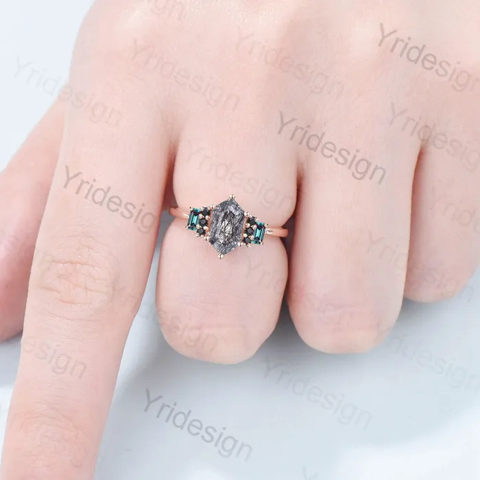 Vintage Long Hexagon Black Rutilated Quartz Engagement Ring Black Gemstone Baguette Alexandrite Cluster Ring Unique Wedding Bridal Gift PENFINE Rings Vintage Long Hexagon Black Rutilated Quartz Engagement Ring Black Gemstone Baguette Alexandrite Cluster Ring Unique Wedding Bridal Gift PENFINE Rings