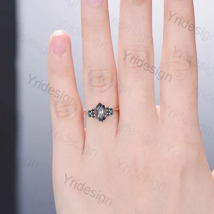 Vintage Long Hexagon Black Rutilated Quartz Engagement Ring Black Gemstone Baguette Alexandrite Cluster Ring Unique Wedding Bridal Gift PENFINE Rings Vintage Long Hexagon Black Rutilated Quartz Engagement Ring Black Gemstone Baguette Alexandrite Cluster Ring Unique Wedding Bridal Gift PENFINE Rings