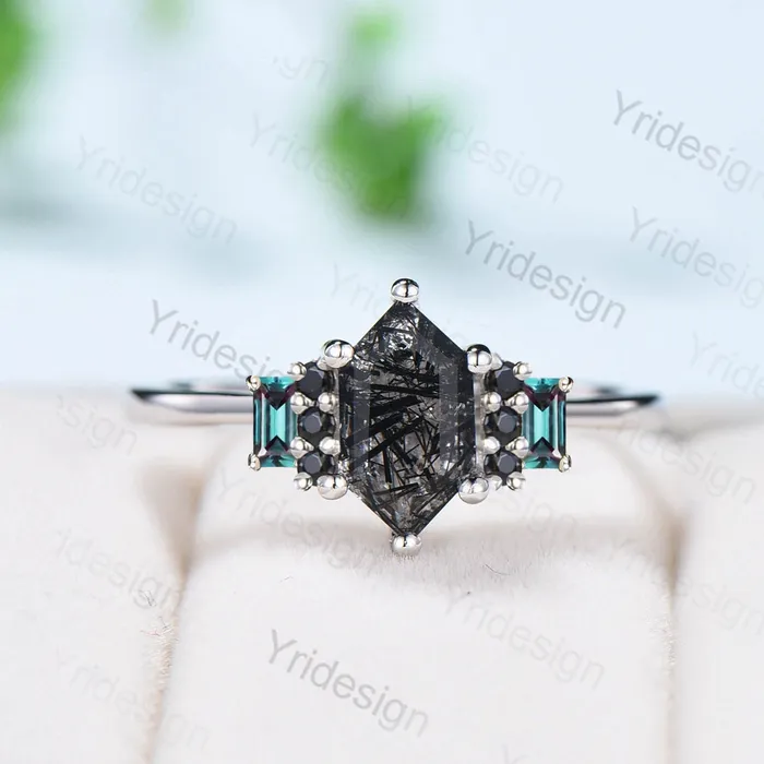 Vintage Long Hexagon Black Rutilated Quartz Engagement Ring Black Gemstone Baguette Alexandrite Cluster Ring Unique Wedding Bridal Gift PENFINE Rings Vintage Long Hexagon Black Rutilated Quartz Engagement Ring Black Gemstone Baguette Alexandrite Cluster Ring Unique Wedding Bridal Gift PENFINE Rings