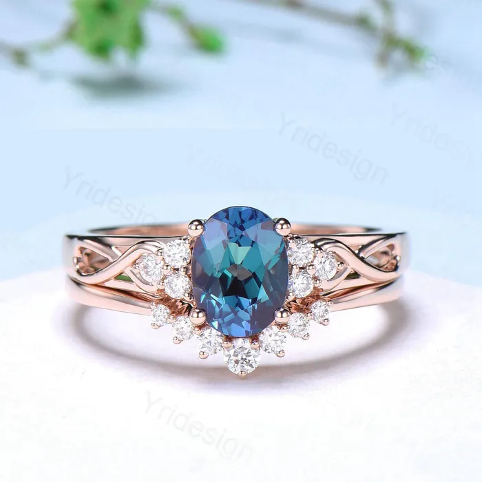 Vintage Oval Cut Alexandrite Ring Set Celtic Knot Alexandrite Engagement Ring Set Rose Gold Color Change Cluster Diamond Art Deco Bridal Set PENFINE Rings Vintage Oval Cut Alexandrite Ring Set Celtic Knot Alexandrite Engagement Ring Set Rose Gold Color Change Cluster Diamond Art Deco Bridal Set PENFINE Rings