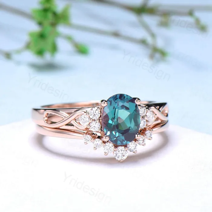 Vintage Oval Cut Alexandrite Ring Set Celtic Knot Alexandrite Engagement Ring Set Rose Gold Color Change Cluster Diamond Art Deco Bridal Set PENFINE Rings Vintage Oval Cut Alexandrite Ring Set Celtic Knot Alexandrite Engagement Ring Set Rose Gold Color Change Cluster Diamond Art Deco Bridal Set PENFINE Rings
