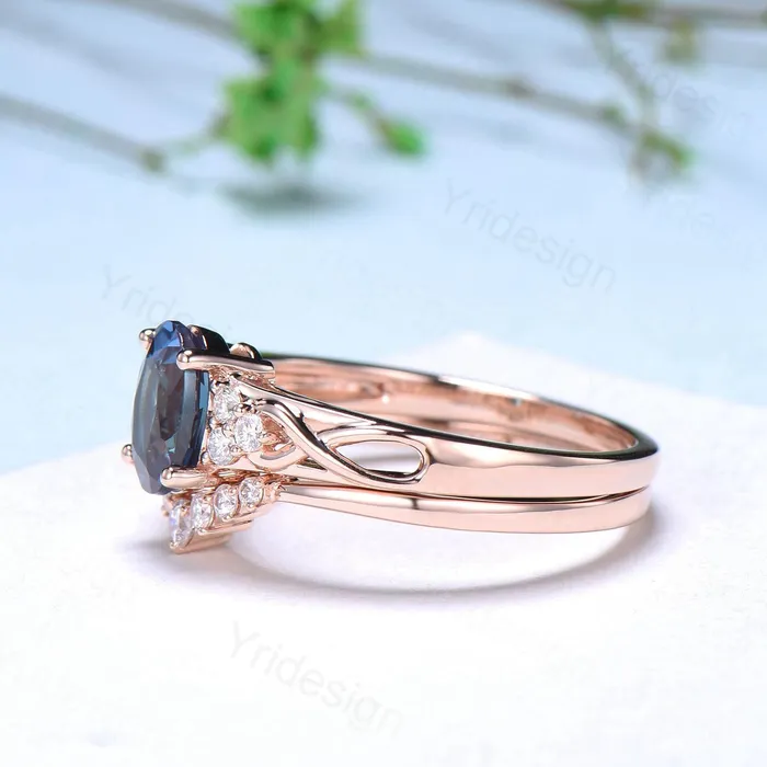Vintage Oval Cut Alexandrite Ring Set Celtic Knot Alexandrite Engagement Ring Set Rose Gold Color Change Cluster Diamond Art Deco Bridal Set PENFINE Rings Vintage Oval Cut Alexandrite Ring Set Celtic Knot Alexandrite Engagement Ring Set Rose Gold Color Change Cluster Diamond Art Deco Bridal Set PENFINE Rings