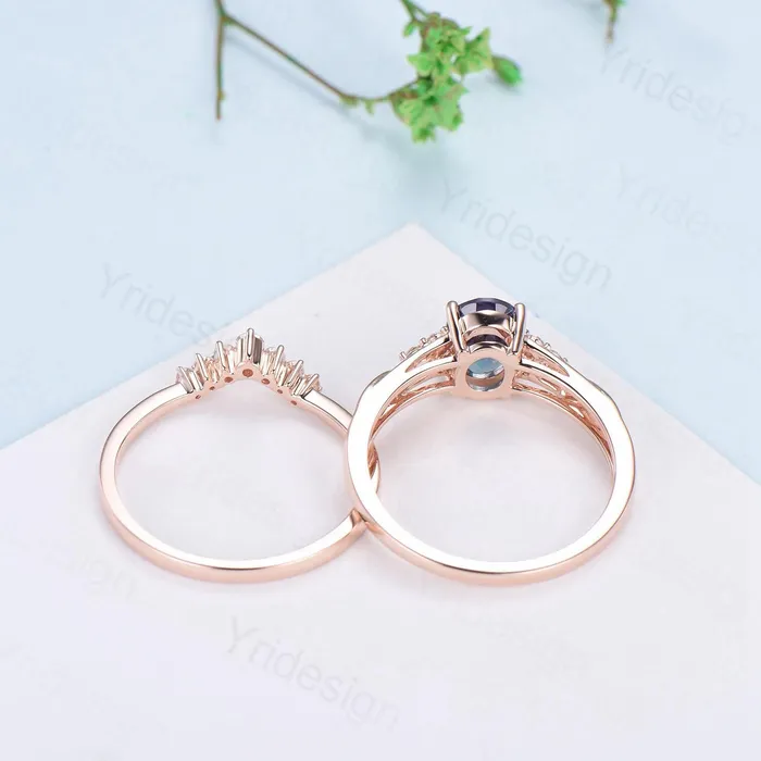 Vintage Oval Cut Alexandrite Ring Set Celtic Knot Alexandrite Engagement Ring Set Rose Gold Color Change Cluster Diamond Art Deco Bridal Set PENFINE Rings Vintage Oval Cut Alexandrite Ring Set Celtic Knot Alexandrite Engagement Ring Set Rose Gold Color Change Cluster Diamond Art Deco Bridal Set PENFINE Rings