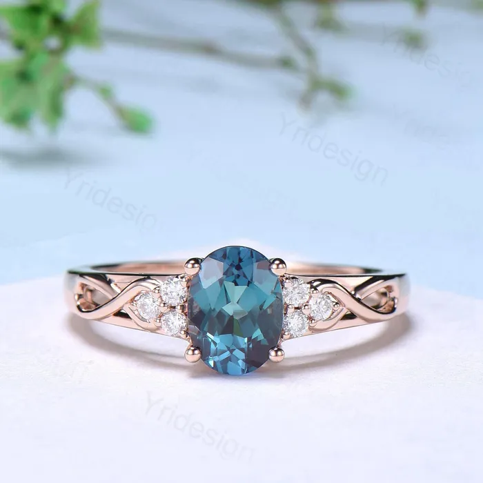 Vintage Oval Cut Alexandrite Ring Set Celtic Knot Alexandrite Engagement Ring Set Rose Gold Color Change Cluster Diamond Art Deco Bridal Set PENFINE Rings Vintage Oval Cut Alexandrite Ring Set Celtic Knot Alexandrite Engagement Ring Set Rose Gold Color Change Cluster Diamond Art Deco Bridal Set PENFINE Rings