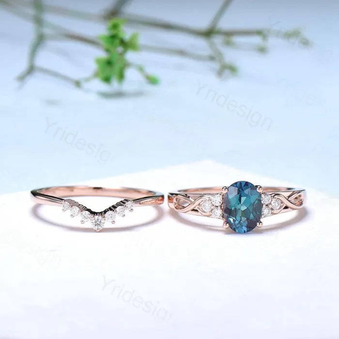 Vintage Oval Cut Alexandrite Ring Set Celtic Knot Alexandrite Engagement Ring Set Rose Gold Color Change Cluster Diamond Art Deco Bridal Set PENFINE Rings Vintage Oval Cut Alexandrite Ring Set Celtic Knot Alexandrite Engagement Ring Set Rose Gold Color Change Cluster Diamond Art Deco Bridal Set PENFINE Rings