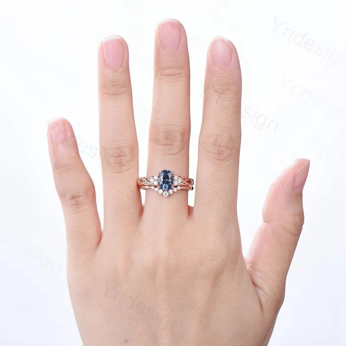 Vintage Oval Cut Alexandrite Ring Set Celtic Knot Alexandrite Engagement Ring Set Rose Gold Color Change Cluster Diamond Art Deco Bridal Set PENFINE Rings Vintage Oval Cut Alexandrite Ring Set Celtic Knot Alexandrite Engagement Ring Set Rose Gold Color Change Cluster Diamond Art Deco Bridal Set PENFINE Rings