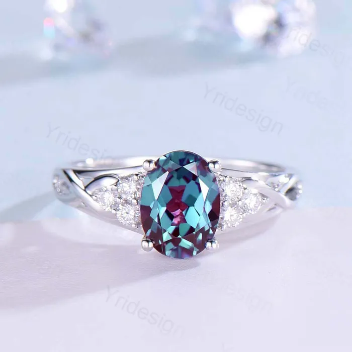 Vintage Oval Cut Alexandrite Ring Set Celtic Knot Alexandrite Engagement Ring Set Rose Gold Color Change Cluster Diamond Art Deco Bridal Set PENFINE Rings Vintage Oval Cut Alexandrite Ring Set Celtic Knot Alexandrite Engagement Ring Set Rose Gold Color Change Cluster Diamond Art Deco Bridal Set PENFINE Rings
