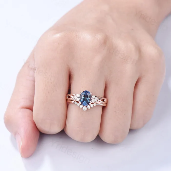 Vintage Oval Cut Alexandrite Ring Set Celtic Knot Alexandrite Engagement Ring Set Rose Gold Color Change Cluster Diamond Art Deco Bridal Set PENFINE Rings Vintage Oval Cut Alexandrite Ring Set Celtic Knot Alexandrite Engagement Ring Set Rose Gold Color Change Cluster Diamond Art Deco Bridal Set PENFINE Rings