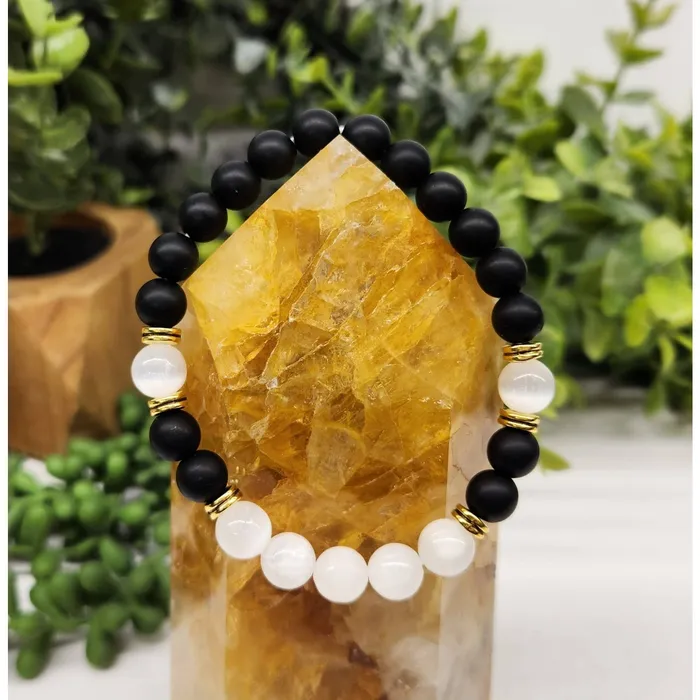 Bliss Crystals Bracelets Cleansing Bracelet with Black Obsidian Selenite 8mm Beads 75 Length LV3997