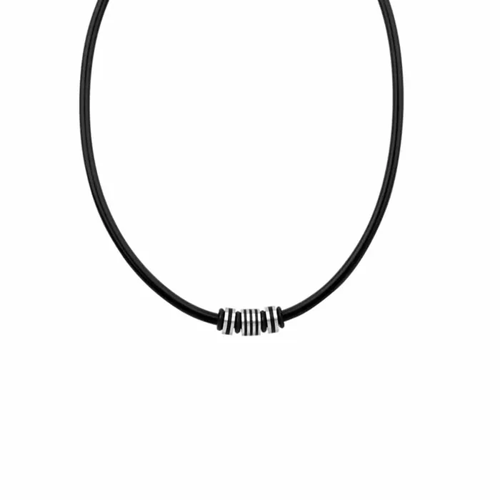 INOX JEWELRY Necklaces Silver Tone Stainless Steel Decorative Beads with Black Rubber Cable Chain INOX JEWELRY Necklaces Silver Tone Stainless Steel Decorative Beads with Black Rubber Cable Chain