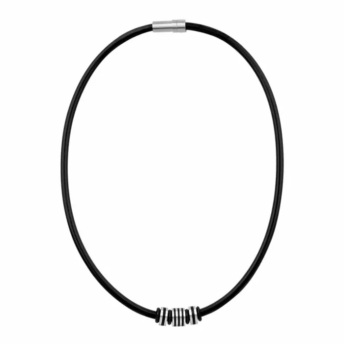 INOX JEWELRY Necklaces Silver Tone Stainless Steel Decorative Beads with Black Rubber Cable Chain