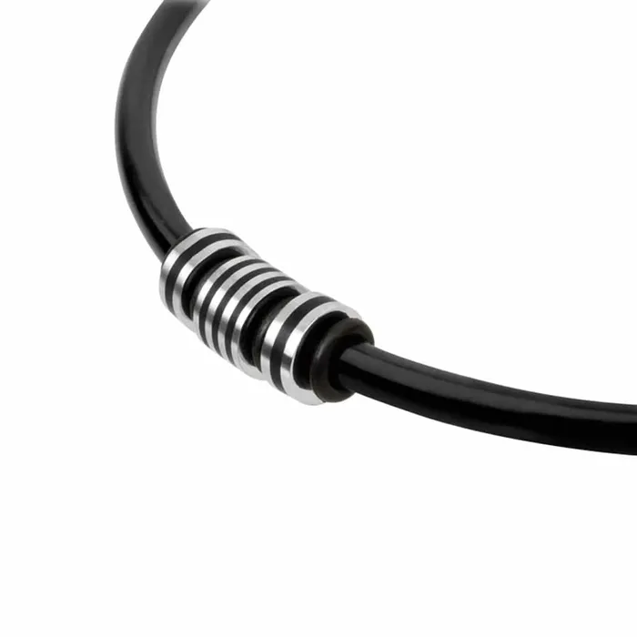 INOX JEWELRY Necklaces Silver Tone Stainless Steel Decorative Beads with Black Rubber Cable Chain