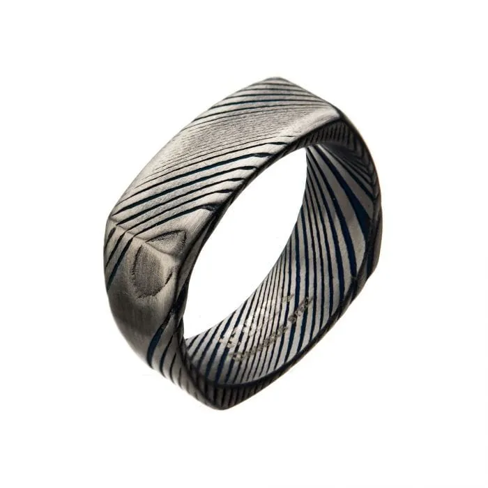 INOX JEWELRY Rings Damascus Steel Blue and Silver Tone 8mm Matte Square Ring INOX JEWELRY Rings Damascus Steel Blue and Silver Tone 8mm Matte Square Ring