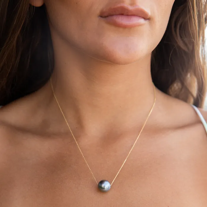 Necklaces misha hawaii Floating Silver Tahitian Pearl Necklace 14kt Gold