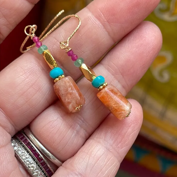 Vintage Paris Jewelry Earrings Sunstone Turquoise Emerald and Ruby Earrings Gold Filled Handmade