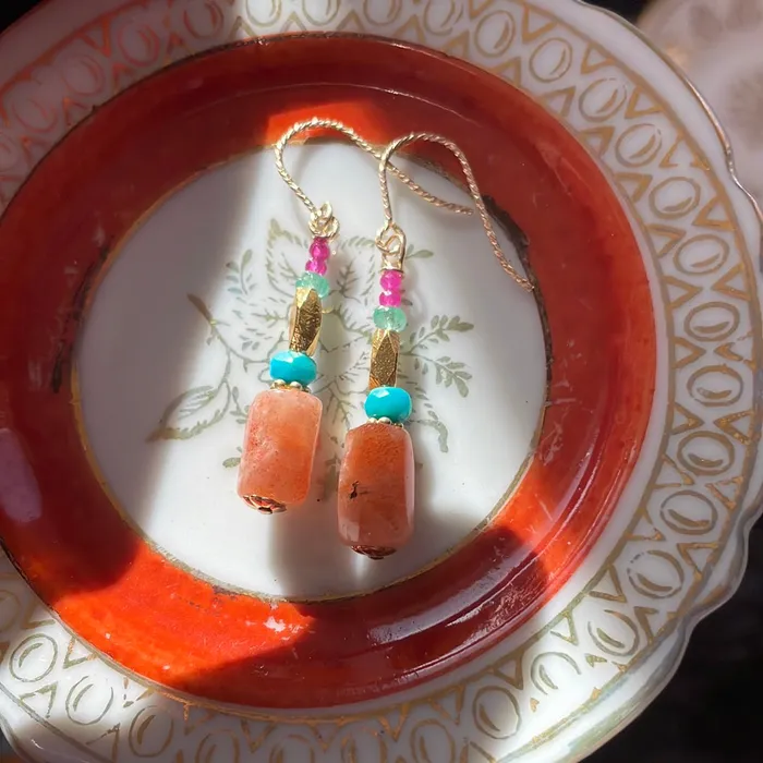 Vintage Paris Jewelry Earrings Sunstone Turquoise Emerald and Ruby Earrings Gold Filled Handmade Vintage Paris Jewelry Earrings Sunstone Turquoise Emerald and Ruby Earrings Gold Filled Handmade