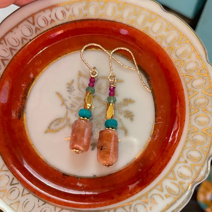 Vintage Paris Jewelry Earrings Sunstone Turquoise Emerald and Ruby Earrings Gold Filled Handmade Vintage Paris Jewelry Earrings Sunstone Turquoise Emerald and Ruby Earrings Gold Filled Handmade