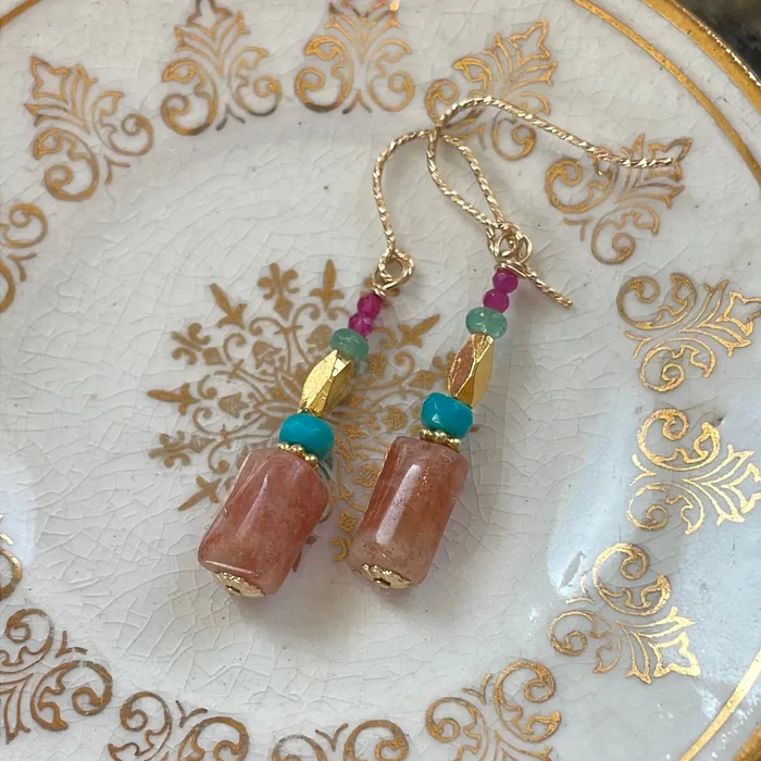 Vintage Paris Jewelry Earrings Sunstone Turquoise Emerald and Ruby Earrings Gold Filled Handmade Vintage Paris Jewelry Earrings Sunstone Turquoise Emerald and Ruby Earrings Gold Filled Handmade