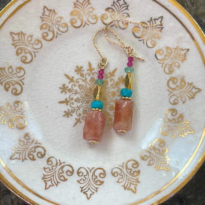 Vintage Paris Jewelry Earrings Sunstone Turquoise Emerald and Ruby Earrings Gold Filled Handmade Vintage Paris Jewelry Earrings Sunstone Turquoise Emerald and Ruby Earrings Gold Filled Handmade