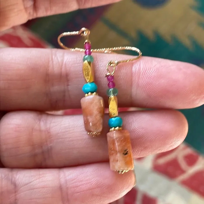 Vintage Paris Jewelry Earrings Sunstone Turquoise Emerald and Ruby Earrings Gold Filled Handmade Vintage Paris Jewelry Earrings Sunstone Turquoise Emerald and Ruby Earrings Gold Filled Handmade