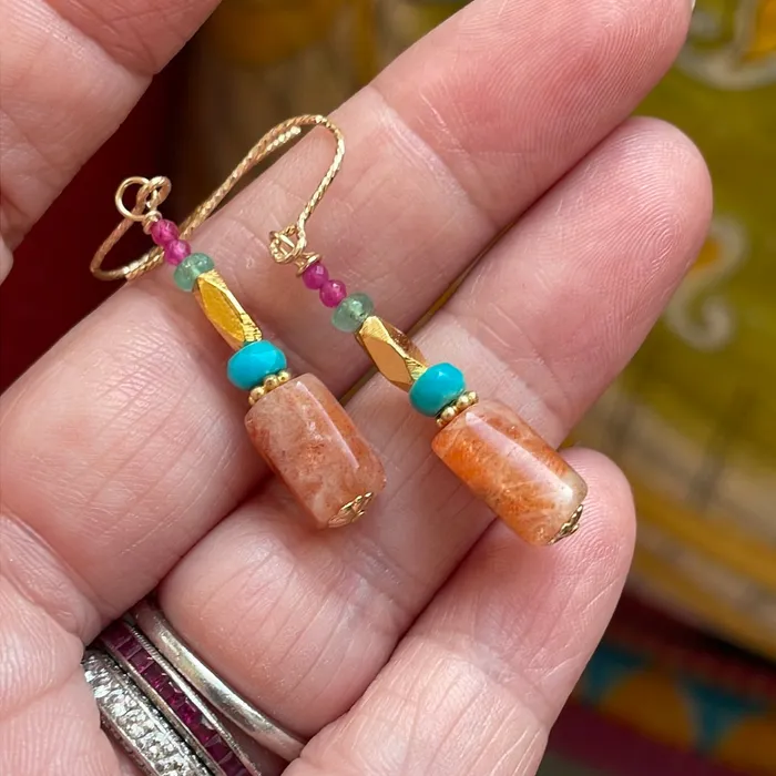 Vintage Paris Jewelry Earrings Sunstone Turquoise Emerald and Ruby Earrings Gold Filled Handmade Vintage Paris Jewelry Earrings Sunstone Turquoise Emerald and Ruby Earrings Gold Filled Handmade