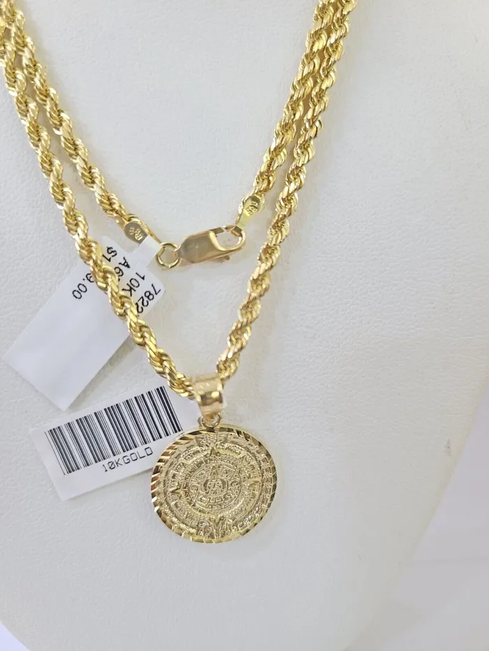 10k Gold Mayan Calendar Pendant Rope Chain 3mm 24 Necklace Set Real Yellow Gold and Diamond Necklaces 10k Gold Mayan Calendar Pendant Rope Chain 3mm 24 Necklace Set Real Yellow Gold and Diamond Necklaces