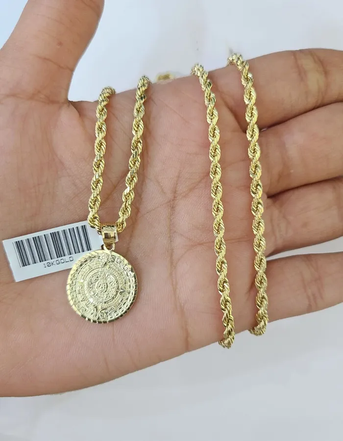 10k Gold Mayan Calendar Pendant Rope Chain 3mm 24 Necklace Set Real Yellow Gold and Diamond Necklaces