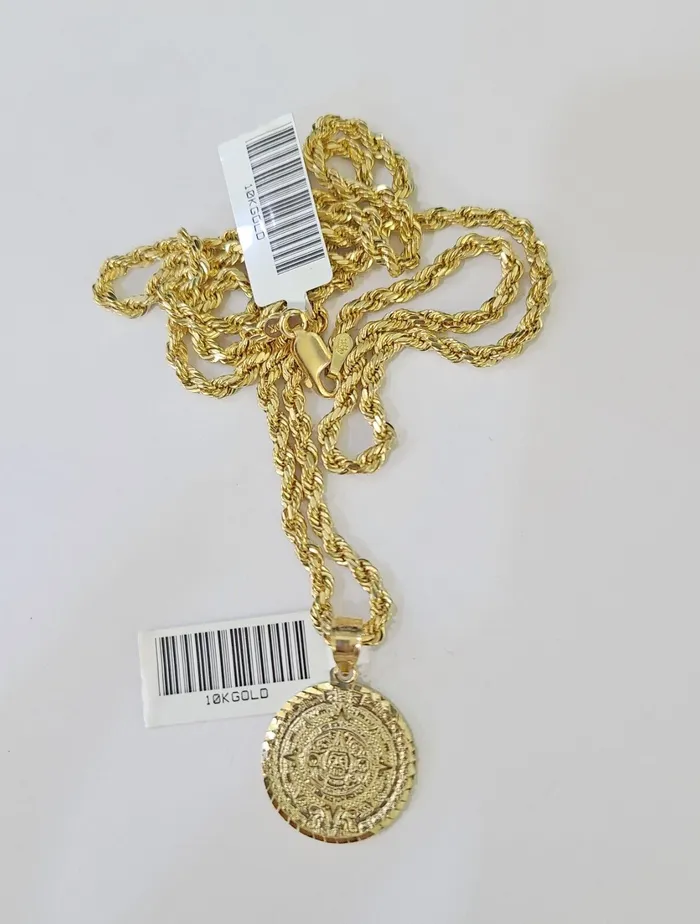 10k Gold Mayan Calendar Pendant Rope Chain 3mm 24 Necklace Set Real Yellow Gold and Diamond Necklaces