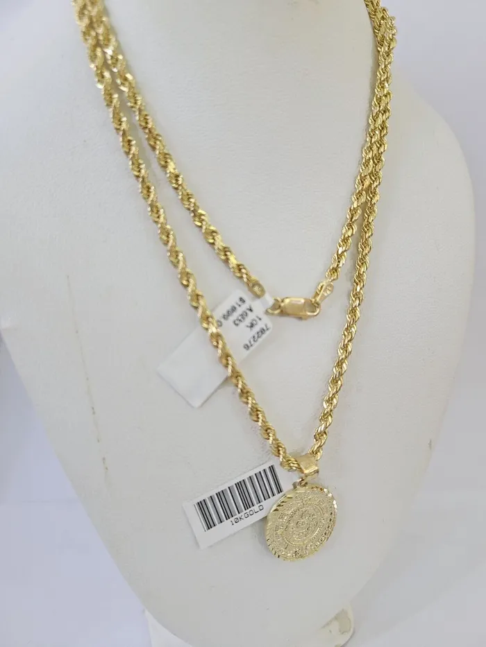 10k Gold Mayan Calendar Pendant Rope Chain 3mm 24 Necklace Set Real Yellow Gold and Diamond Necklaces