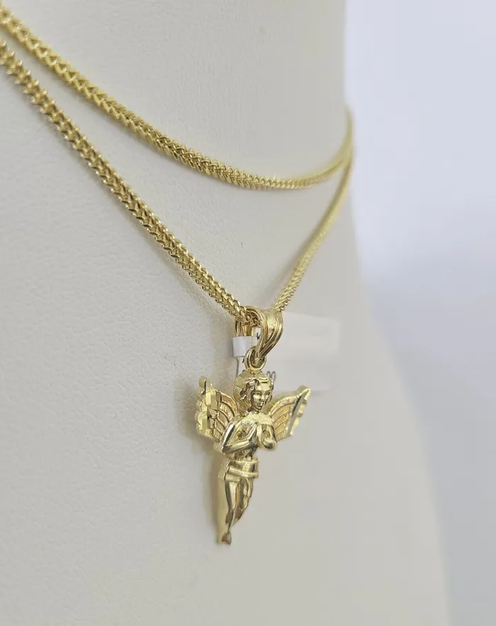 10K Solid Franco Chain Praying Angel Pendant Charm Necklace 1824 1mm Gold Globalwatches10 Necklaces