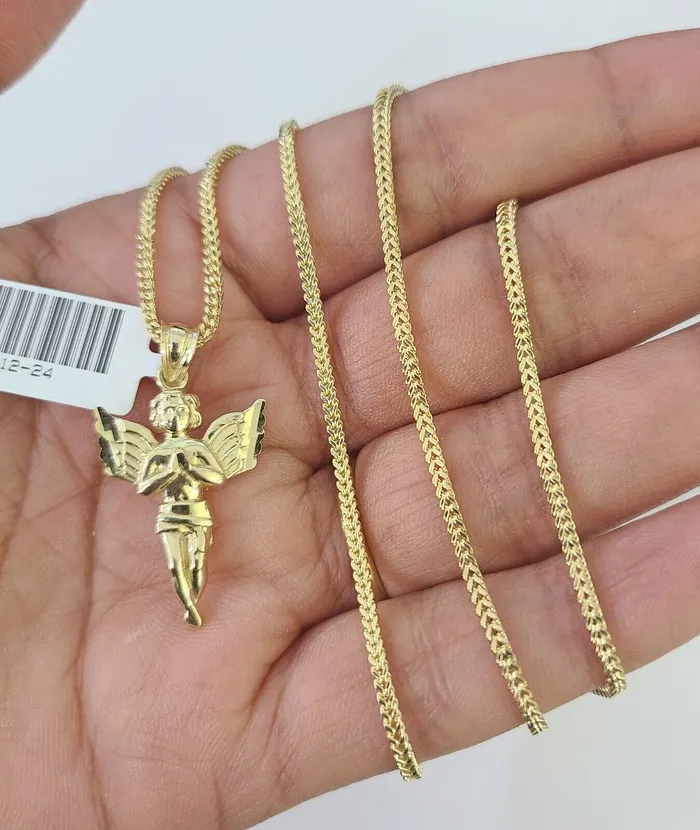 10K Solid Franco Chain Praying Angel Pendant Charm Necklace 1824 1mm Gold Globalwatches10 Necklaces