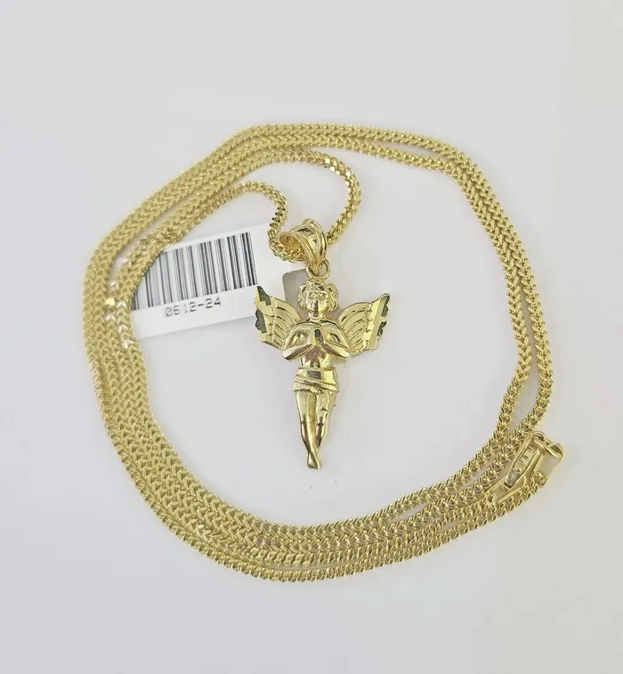 10K Solid Franco Chain Praying Angel Pendant Charm Necklace 1824 1mm Gold Globalwatches10 Necklaces