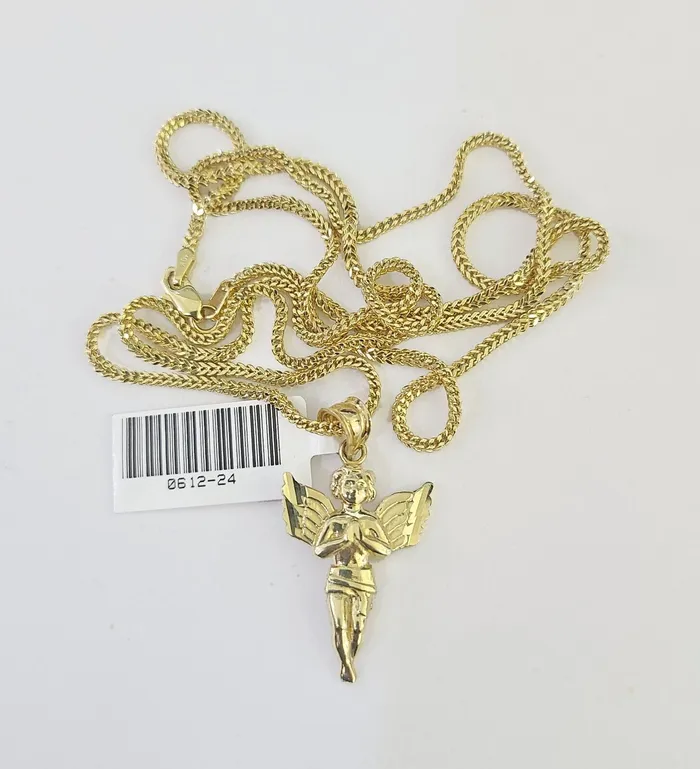 10K Solid Franco Chain Praying Angel Pendant Charm Necklace 1824 1mm Gold Globalwatches10 Necklaces