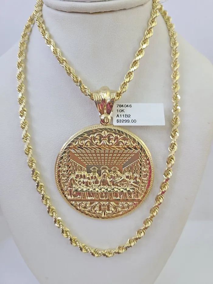 10k Solid Rope Chain Last Supper Charm Set 4mm 2028 Necklace Gold Yellow Gold and Diamond Necklaces 10k Solid Rope Chain Last Supper Charm Set 4mm 2028 Necklace Gold Yellow Gold and Diamond Necklaces