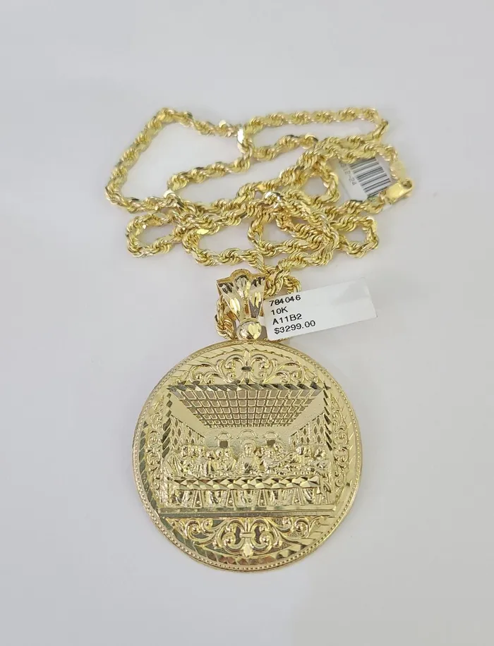 10k Solid Rope Chain Last Supper Charm Set 4mm 2028 Necklace Gold Yellow Gold and Diamond Necklaces