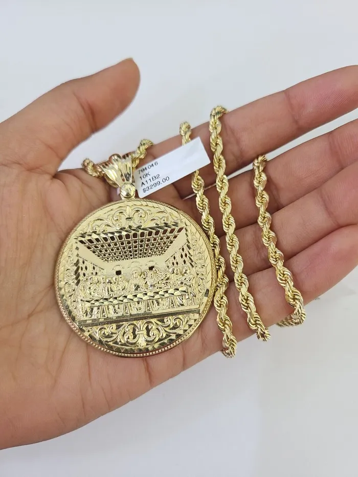 10k Solid Rope Chain Last Supper Charm Set 4mm 2028 Necklace Gold Yellow Gold and Diamond Necklaces