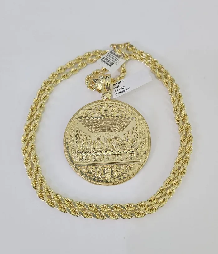 10k Solid Rope Chain Last Supper Charm Set 4mm 2028 Necklace Gold Yellow Gold and Diamond Necklaces